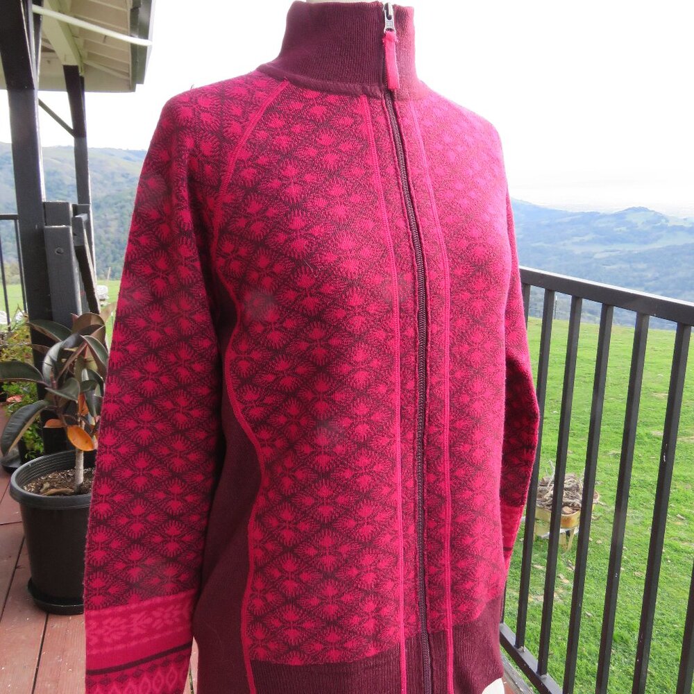 Athleta Red Fair Isle Nordic Zip Sweater Cardigan Jacket Womens XL Wool Blend